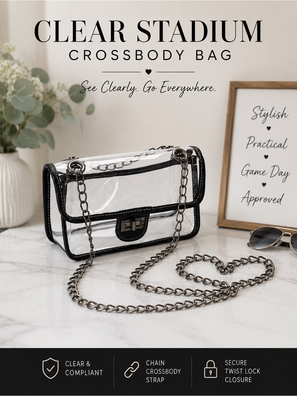 Clear Stadium-Approved Crossbody Bag | Transparent Purse with Chain Strap